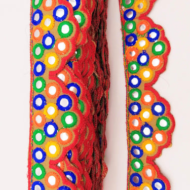 Brown Multicoloured Indian Mirror Trim, Kutch Embroidered Navratri Garba Dress Trim Bridal Lace, Indian Sari Border 42 mm Wide Trim Per Yard